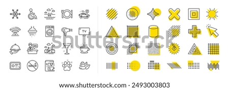 Wi-Fi, Air conditioning and Coffee maker machine. Design shape elements. Hotel service line icons. Spa stones, swimming pool and bike rental icons. Hotel parking, safe and shower. Vector