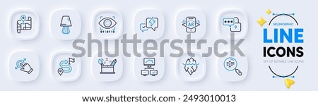 Work home, Creativity concept and Journey line icons for web app. Pack of Lock, Artificial intelligence, Map pictogram icons. Iceberg, Search text, Augmented reality signs. Neumorphic buttons. Vector