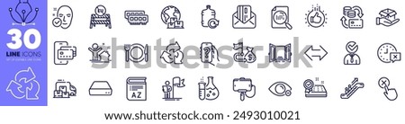 Hold box, Reject click and Health skin line icons pack. Search file, Mini pc, Credit card web icon. Ram, Escalator, Restaurant food pictogram. Time, Sync, New house. Myopia, Open door. Vector