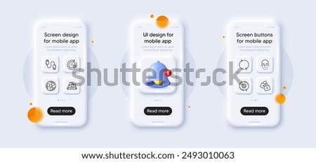 Face recognition, Air fan and Refresh line icons pack. 3d phone mockups with bell alert. Glass smartphone screen. Cogwheel, Charging cable, 24h delivery web icon. Vector