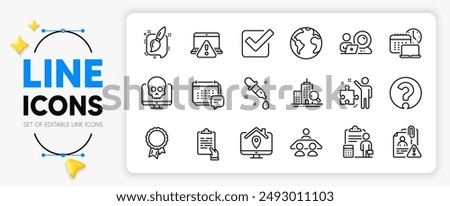 Inspect, Checkbox and Clipboard line icons set for app include Accounting, Work home, Search employee outline thin icon. World planet, Question mark, Online warning pictogram icon. Vector