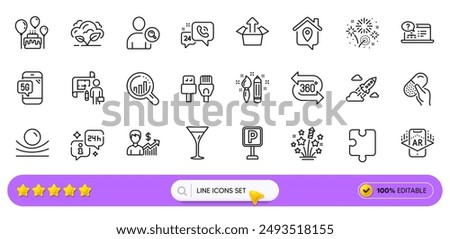 Work home, Seo analysis and Parking line icons for web app. Pack of Capsule pill, Fireworks stars, Find user pictogram icons. Business growth, Startup rocket, Creativity signs. Search bar. Vector