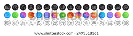 Discrimination, Balloon dart and Search employee line icons. Round icon gradient buttons. Pack of Stop talking, Loan, Web inventory icon. Vector