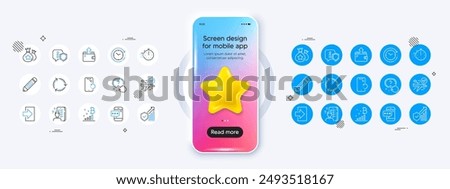 Survey, Cooking timer and Phone password line icons. Phone mockup with 3d star icon. Pack of Time change, Smartphone recovery, Shield icon. Question button, Bitcoin graph, Recycling pictogram. Vector