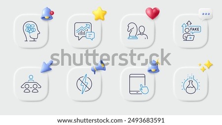 Antistatic, Stress and Chess line icons. Buttons with 3d bell, chat speech, cursor. Pack of Interview job, Fake internet, Accounting icon. Tablet pc, Chemistry experiment pictogram. Vector