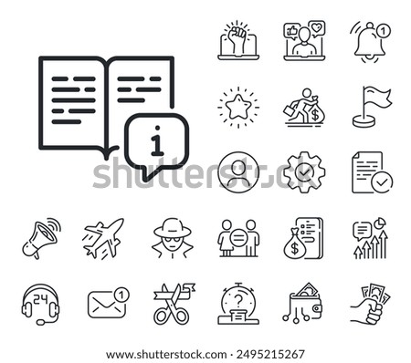 User manual sign. Salaryman, gender equality and alert bell outline icons. Instruction line icon. Information book symbol. Manual line sign. Spy or profile placeholder icon. Vector