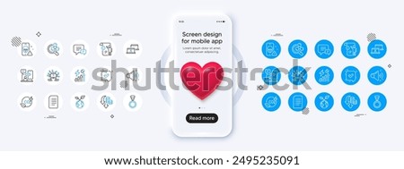 Phone mockup with 3d heart icon. Manual doc, Cyber attack and Save planet line icons. Pack of Chemistry lab, Electricity consumption, Confirmed icon. Vector