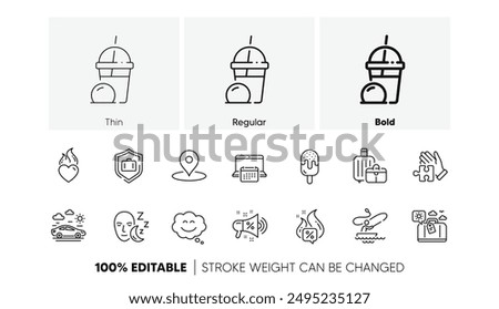 Sleep, Calendar and Hot offer line icons. Pack of Heart flame, Ice cream milkshake, Ice cream icon. Smile chat, Luggage protect, Sale megaphone pictogram. Pin, Puzzle, Travel luggage. Vector