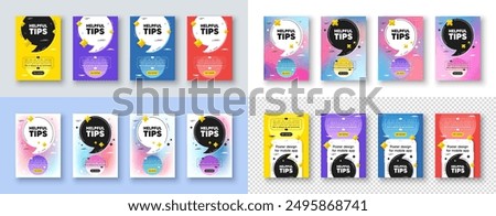 Poster templates design with quote, comma. Helpful tips tag. Education faq sign. Help assistance symbol. Helpful tips poster frame message. Quotation offer bubbles. Comma text balloon. Vector