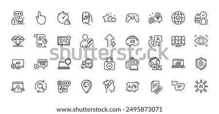 Online question, Attention and Diamond line icons pack. AI, Question and Answer, Map pin icons. Remove image, Eye detect, Seo adblock web icon. Software, Shield, Report pictogram. Vector