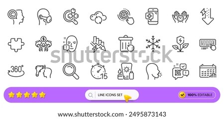 Computer keyboard, Face attention and Cloud sync line icons for web app. Pack of Writer, Qr code, Saving electricity pictogram icons. Cough, Safe time, Puzzle signs. Cogwheel settings. Vector