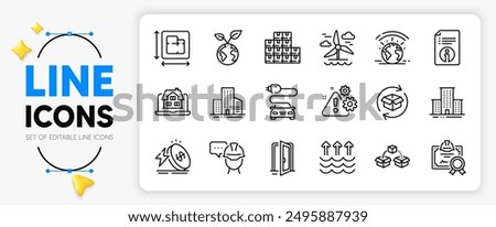 Greenhouse, Evaporation and Windmill line icons set for app include Floor plan, Energy price, Buildings outline thin icon. Certificate, Open door, Foreman pictogram icon. Warning. Vector