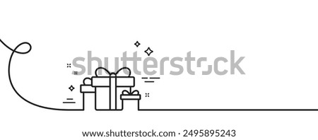 Gift boxes line icon. Continuous one line with curl. Present or Sale sign. Birthday Shopping symbol. Package in Gift Wrap. Holiday presents single outline ribbon. Loop curve pattern. Vector