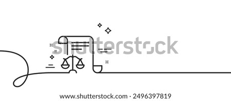 Legal documents line icon. Continuous one line with curl. Justice scales sign. Judgement doc symbol. Legal documents single outline ribbon. Loop curve pattern. Vector