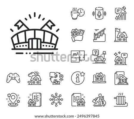 Stadium with flags sign. Floor plan, stairs and lounge room outline icons. Sports arena line icon. Sport complex symbol. Sports arena line sign. House mortgage, sell building icon. Real estate. Vector