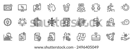 Icons pack as Mobile inventory, Cogwheel blueprint and Add photo line icons for app include Search, Tax documents, Inflation outline thin icon web set. Artificial intelligence, Auction. Vector