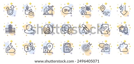 Outline set of Money currency, Chemistry pipette and Clock line icons for web app. Include Battery, Power certificate, Augmented reality pictogram icons. Yoga, Message, Puzzle signs. Vector