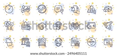 Outline set of Loyalty program, Puzzle and Employee hand line icons for web app. Include Loyalty card, Smartphone waterproof, Timer pictogram icons. Seo statistics, Global business, Ad signs. Vector