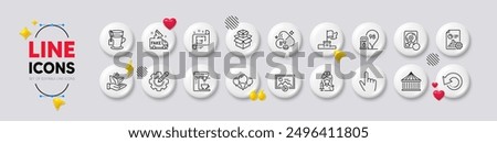 Recovery hdd, Ice creams and Coffee maker line icons. White buttons 3d icons. Pack of Settings gear, Packing boxes, Tea icon. Petrol station, Winner flag, Architectural plan pictogram. Vector