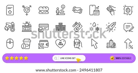 Takeaway coffee, Refresh mail and Be true line icons for web app. Pack of Timer, Write, Qr code pictogram icons. Weather, Genders, Startup rocket signs. Upload file, Cursor, Sick man. Vector