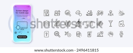 Data analysis, Cleaning and Bell alert line icons for web app. Phone mockup gradient screen. Pack of Unknown file, Qr code, Friend pictogram icons. Seo, Business idea, Employees teamwork signs. Vector