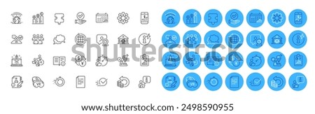 Video conference, Globe and Microscope line icons pack. Algorithm, Checkbox, Timer web icon. Technical info, Calendar graph, Greenhouse pictogram. Add team, Job interview, Cash back. Vr. Vector