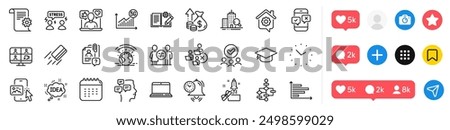 Calendar, Difficult stress and Social media line icons pack. Social media icons. Greenhouse, Technical documentation, Graduation cap web icon. Vector