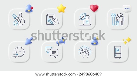 Empower, Petrol station and Refrigerator line icons. Buttons with 3d bell, chat speech, cursor. Pack of Repairman, Chemistry experiment, Dots message icon. Vector