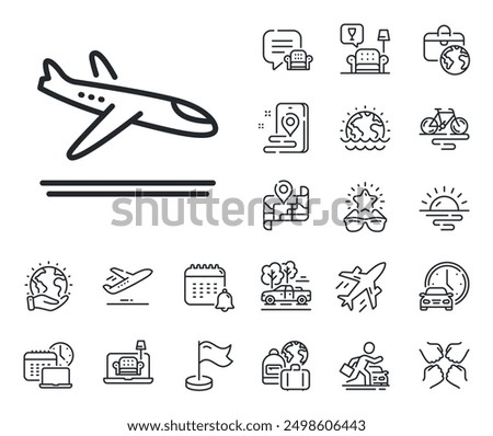 Airplane landing sign. Plane jet, travel map and baggage claim outline icons. Airport arrivals plane line icon. Flight symbol. Arrivals plane line sign. Car rental, taxi transport icon. Vector