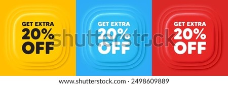 Get Extra 20 percent off Sale. Neumorphic offer banners. Discount offer price sign. Special offer symbol. Save 20 percentages. Extra discount podium background. Product infographics. Vector