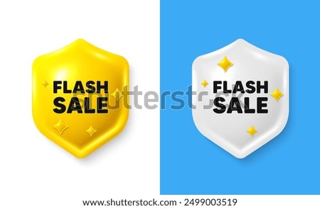 Flash Sale tag. Shield 3d icon banner with text box. Special offer price sign. Advertising Discounts symbol. Flash sale chat protect message. Shield speech bubble banner. Vector