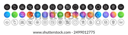 Fan engine, Augmented reality and Favorite app line icons. Round icon gradient buttons. Pack of Loop, Loan percent, Cloud protection icon. Time, Shopping cart, Delivery plane pictogram. Vector