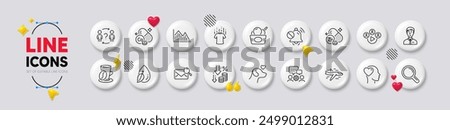 Businessman person, Dry t-shirt and Water drop line icons. White buttons 3d icons. Pack of Delegate question, Ice cream, Coffee cup icon. Airplane, Deflation, Video conference pictogram. Vector