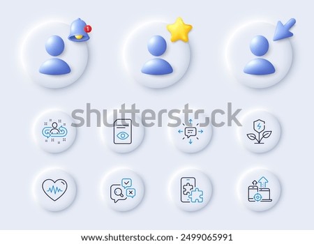 Eco power, Heartbeat and Phone puzzle line icons. Placeholder with 3d cursor, bell, star. Pack of Seo devices, View document, Recruitment icon. Inspect, Sms pictogram. For web app, printing. Vector