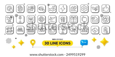 Bed bugs, Clipboard and Photo camera line icons pack. 3d design elements. Energy, Leaves, Execute web icon. Floor lamp, E-mail, Plane pictogram. Food delivery, Fish, Receive mail. Vector