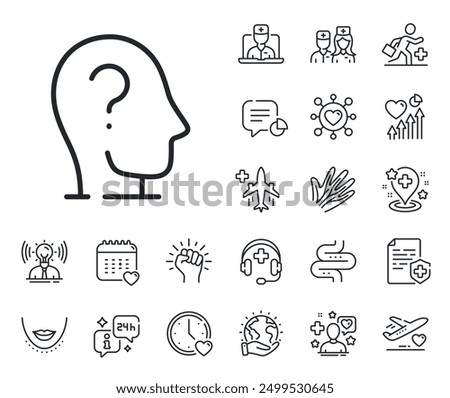 Mental health sign. Online doctor, patient and medicine outline icons. Psychology therapy line icon. Brain question mark symbol. Psychology line sign. Veins, nerves and cosmetic procedure icon. Vector