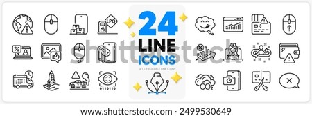 Icons set of Earphones, Like photo and Yummy smile line icons pack for app with Crowdfunding, Card, Internet warning thin outline icon. Delivery, Artificial intelligence. Design with 3d stars. Vector