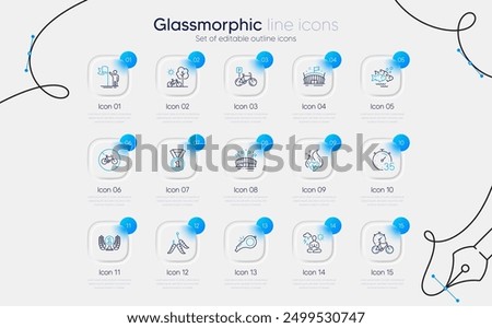 Set of Bicycle prohibited, Cardio training and Fish school line icons for web app. Timer, Best rank, Bicycle icons. Maggots, Yoga, Arena signs. Bike timer, Laureate award, Sports arena. Vector