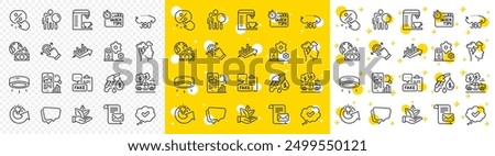 Outline Pickup, Speech bubble and Petrol station line icons pack for web with Search people, Mail letter, Filling station line icon. Quick tips, Coffee machine, 360 degrees pictogram icon. Vector