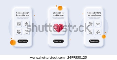 Qr code, Chemistry lab and Wifi line icons pack. 3d phone mockups with heart. Glass smartphone screen. Seo statistics, Timer, Valet servant web icon. Megaphone, Grill pictogram. Vector