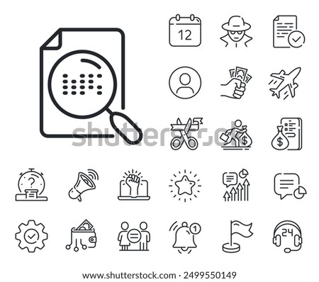 Find document sign. Salaryman, gender equality and alert bell outline icons. Search file line icon. Magnify glass. Search file line sign. Spy or profile placeholder icon. Vector