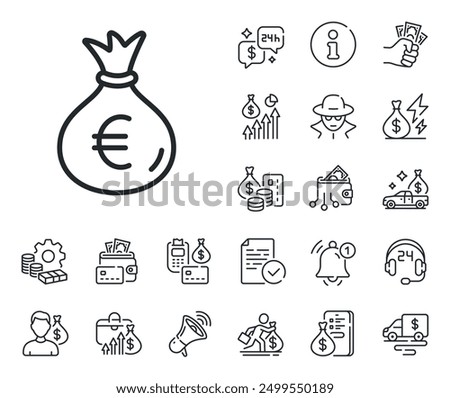 Cash Banking currency sign. Cash money, loan and mortgage outline icons. Money bag line icon. Euro or EUR symbol. Money bag line sign. Credit card, crypto wallet icon. Inflation, job salary. Vector