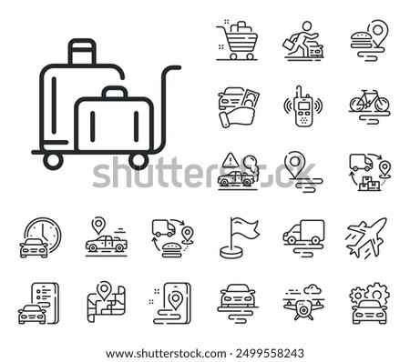 Suitcase bag sign. Plane, supply chain and place location outline icons. Luggage trolley line icon. Baggage claim symbol. Luggage trolley line sign. Taxi transport, rent a bike icon. Vector