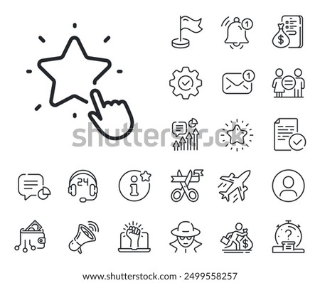 Click rating sign. Salaryman, gender equality and alert bell outline icons. Ranking star line icon. Best rank symbol. Ranking star line sign. Spy or profile placeholder icon. Vector