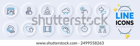 Market, Timer and Snow weather line icons for web app. Pack of Genders, Yoga, Cash back pictogram icons. Open door, Synchronize, Cursor signs. Fake information, Woman read, Clothing. Vector