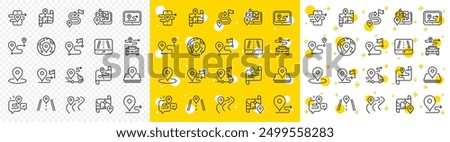 Journey path, Route map and Trip distance. Road map line icons. GPS street pin, Car route and Distance flag icons. Road trip, highway traffic and journey travel map. Navigation target pointer. Vector