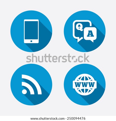 Question answer icon.  Smartphone and Q&A chat speech bubble symbols. RSS feed and internet globe signs. Communication Circle concept web buttons. Vector