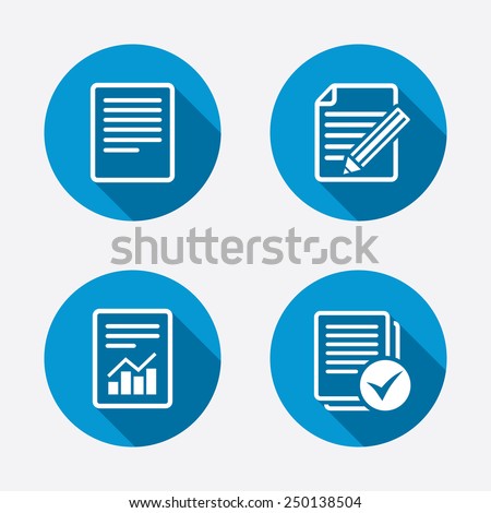 File document icons. Document with chart or graph symbol. Edit content with pencil sign. Select file with checkbox. Circle concept web buttons. Vector