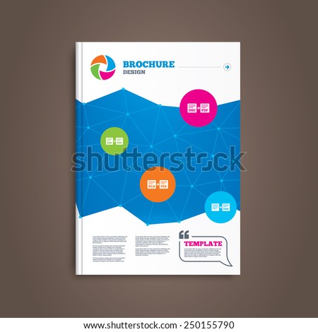 Brochure or flyer design. Export file icons. Convert DOC to PDF, XML to PDF symbols. XLS to PDF with arrow sign. Book template. Vector