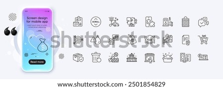 Hand washing, Scroll down and Phone puzzle line icons for web app. Phone mockup gradient screen. Pack of Cross sell, Credit card, Sale pictogram icons. Vector